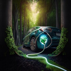 Canvas Print - Electric vehicle and EV electrical energy for the environment, EV vehicle on forest road with earth planet passing through forest, generative ai