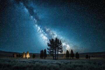 Wall Mural - Blue dark night sky with many stars above field of trees. Yellowstone park. Milkyway cosmos background. Generative AI
