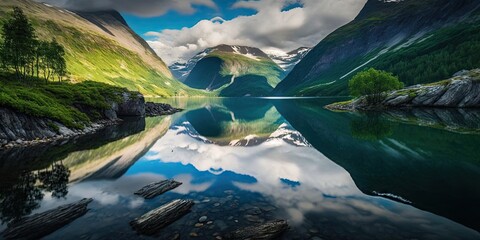 Canvas Print - Lovatnet lake, municipality of Stryn, Sogn og Fjordane county, Norway. Impressive view in the summer. Norway in the morning, looking colorful. Background of the natural world's beauty. Generative AI