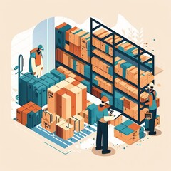 Poster - Warehouse supervisor. Worker using a tablet to check and load products and track delivery on a global network., generative ai