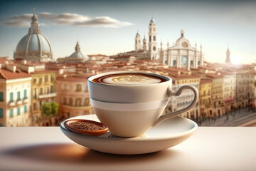 Coffee cup with view of a splendid european old town. Travel and cafe concept. AI generative