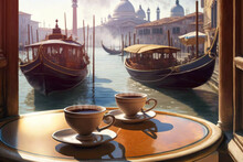 Coffee Cups On A Table In Cafe Overlooking Of A Venetian Canal With Gondolas. AI Generative