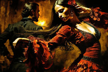 Flamenco Spanish Dancers Abstract Art With Vivid Passionate Colours, Ai Generative Digital Art, Generative Ai