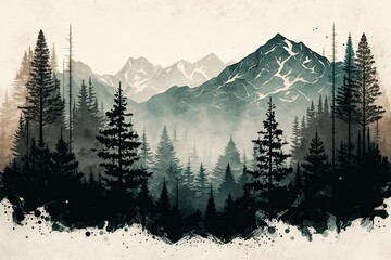 a misty mountain landscape with fir trees and copyspace, done in a vintage inspired hipster aesthetic. Generative AI