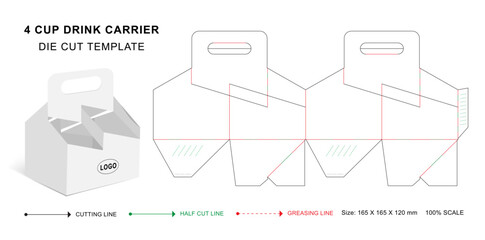 Four cups carrier box die cut template with 3D blank vector mockup for beverage packaging	