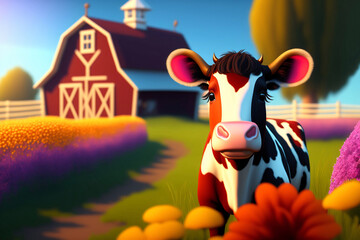 Wall Mural - A cute cow in front of a barn with colorful flowers. Farm animal. Generative AI.