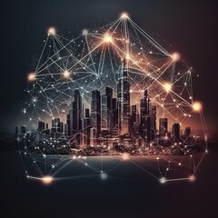Smart city and abstract polygon pattern connection with speed line light, big data connection technology concept, generative ai