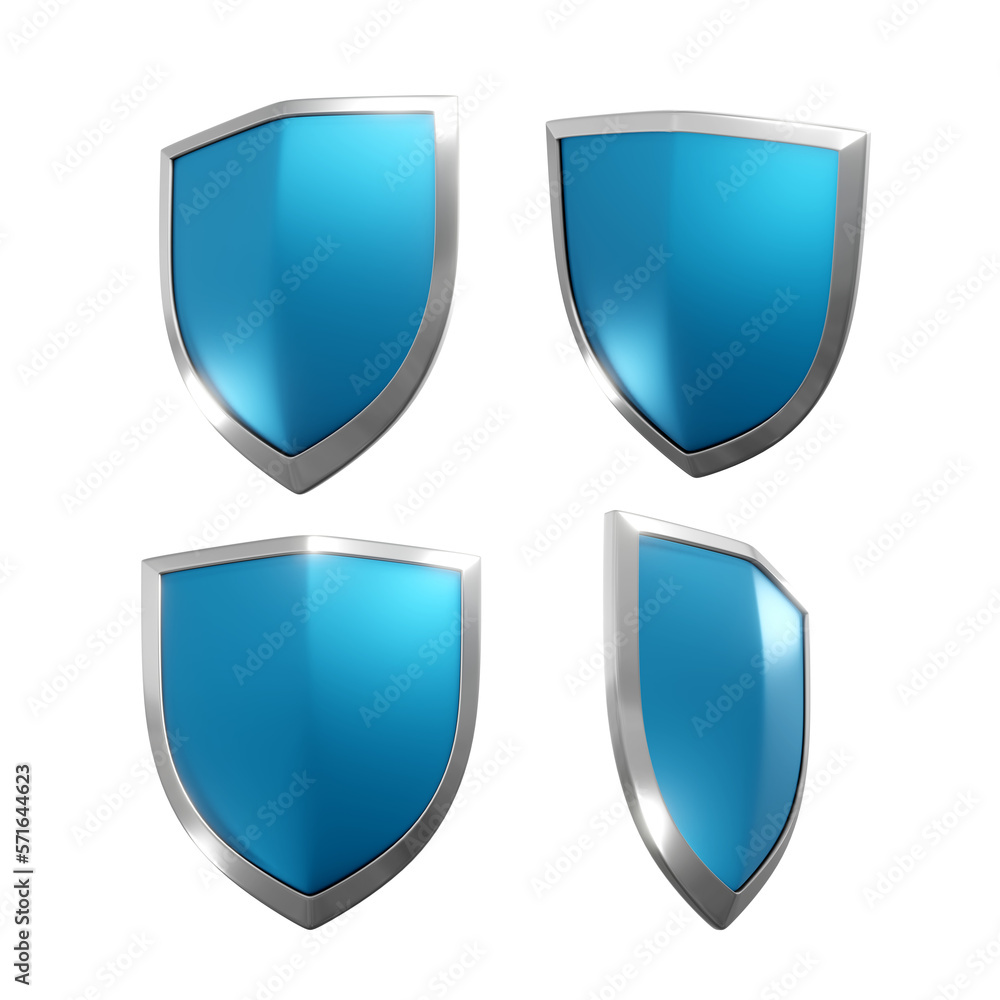 3d rendering of a shiny and glowing clean blue shield from multiple ...