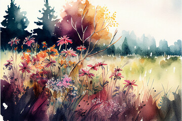 illustration of a flower meadow in autumn. watercolor. Generative Ai