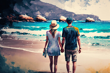 illustration of a young couple holding hands and walking on the beach. watercolor. Generative AI