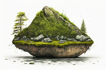 Canvas Print - floating rock island on a white background, covered in green moss, grass, and fern. Generative AI