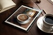 Mockup mit Tablet auf Schreibtisch, Stift Tasse  Kaffee - Generative AI