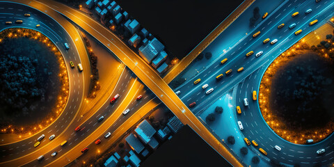 Wall Mural - The concept of highways of the future in a fictional world. The aerial view of the traffic was made with the help of night AI of the future highway.