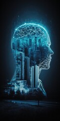 Virtual creative artificial Intelligence hologram with human brain sketch on blurry skyscrapers background. Double exposure. Generative AI