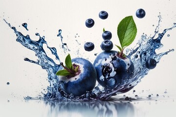 Wall Mural - Fresh blueberries on a white background with a splash of water. Generative AI