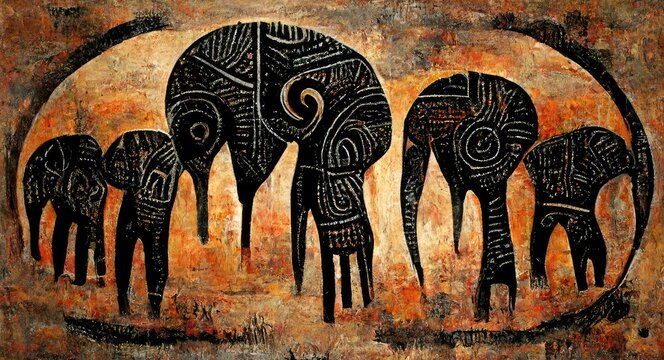 Elephants in the wild in Africa, brown tones painting