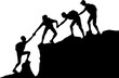 Male climbers help each other in the mountains. Vector Silhouette. Conceptual business scene of teamwork