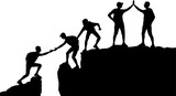 Fototapeta Zachód słońca - Silhouette of five climbers who climbed to the top of the mountain, working as a team. Conceptual business scene of teamwork and success