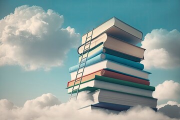 abstract book stack with ladder on sky with clouds background. ladder going on top of huge stack of 