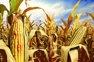 Wall Mural - Corn cobs in corn plantation field. Generative AI