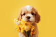 cute dog with flowers over yellow background, greeting card for international women's day on march 8th. Generative Ai