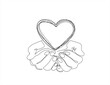 Single continuous line of hands holding heart on a white background. Black thin line of the hands with  heart.