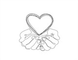 Fototapeta Natura - Single continuous line of hands holding heart on a white background. Black thin line of the hands with  heart.