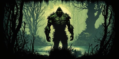 Wall Mural - Horror Swamp Monster in a Halloween themed illustration with a forested backdrop. Generative AI