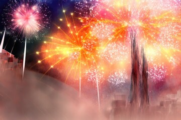 Wall Mural - New Year's Eve fireworks, copy space, and an abstract holiday backdrop. Generative AI