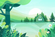 farmhouse with green lawn and sun light cartoon vector