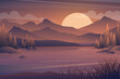 Scenery in the meadow and lake with sunset cartoon vector.