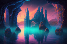Illustration Painting Of Abstract Fantasy Landscape, Ancient Stone Temple, Neon Sunset. Fantasy City On The Coast. Atlantis, The Lost Underwater City. 3D Illustration. (ai Generated)