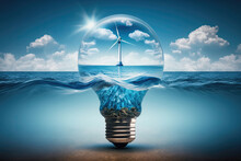 Light Bulb With Isolated Wind Turbine Inside, Blue Sea. Generative AI