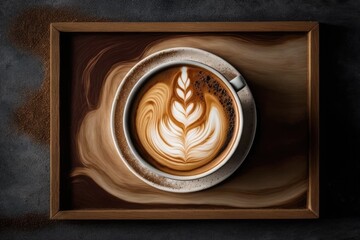 Poster - Beautiful latte art on a cup of espresso with a wooden space background. modern toning. minimalist design with a hipster flair. Flat lay copy space for your text in top view. Generative AI