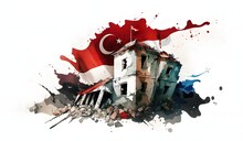 Watercolor Turkish Half Broke Flag And Lots Of House Destruction, Broken Flag Of Turkey, Republic Turkish