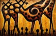 Giraffes in the savannah, painting with brown colors