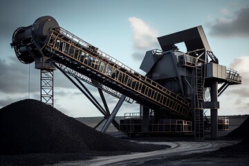 Opencast mine belt conveyor coal, stones transport at mining industry factory. Generative AI