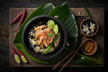 Wall Mural - Thai style notion of crab fried rice in a white bowl and a black skillet against a background of banana leaves and a wooden board. Generative AI