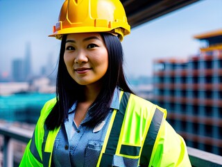 Wall Mural - Woman wearing hard hat on a construction site. Made with Generative AI.	
