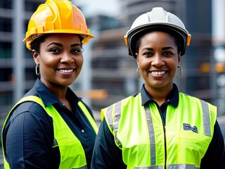 Woman wearing hard hat on a construction site. Made with Generative AI.	
