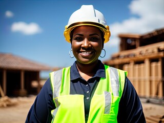 Wall Mural - Woman wearing hard hat on a construction site. Made with Generative AI.	
