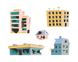 Wall Mural - Cartoon Color Different Destroyed City Buildings Set War or Disaster Concept Flat Design Style. Vector illustration