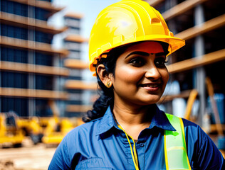 Wall Mural - Woman wearing hard hat on a construction site. Made with Generative AI.	
