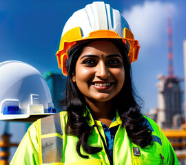 Wall Mural - Woman wearing hard hat on a construction site. Made with Generative AI.	
