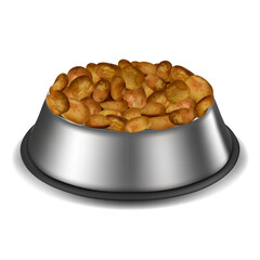 Sticker - Realistic Detailed 3d Pet Food Snack in Metal Bowl Dog and Cat Feeding Concept. Vector illustration