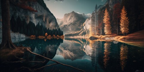 Wall Mural - Amazing autumnal view of Hintersee lake. Germany's Bavarian Alps in the early morning sun, bordering Austria, in Europe. Background of the natural world's beauty. Generative AI