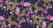 Leopard with flowers and leaves in vintage style, seamless pattern.	