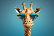 Portrait Of A Giraffe, Cute Giraffe Looking Cool Wearing Bright Yellow Tinted Blue Sunglasses On A Blue Background. Image Created With Generative Ai