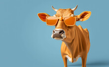 Cow, Cute Cow Looking Cool Wearing Bright Tinted Orange Sunglasses On A Blue Background. Image Created With Generative Ai