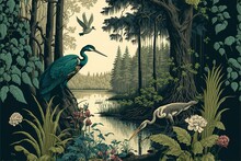 Vintage Wallpaper Of Forest Landscape With Lake, Plants, Trees, Birds, Herons, Butterflies And Insects